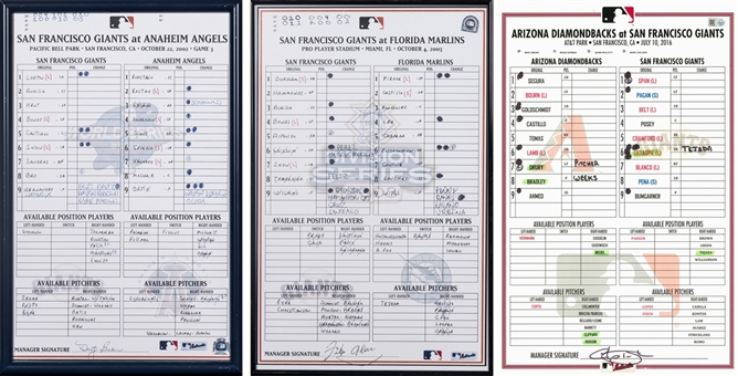 Lot of (3) San Francisco Giants Game Used Lineup Cards - 1 World Series, 1 NLDS, 1 Regular Season With 2 Framed (MLB Authenticated)
